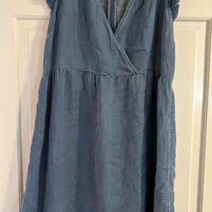 LOFT Chambray soft V-Neck Dress in Dusty Blue 12T